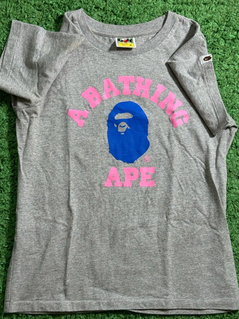 A Bathing Ape Gray Short Sleeve Tee with Pink & Blue Logo